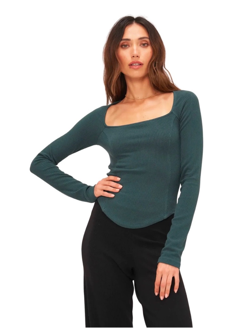 Project Social T Ribbed Square-Neck Long Sleeve Top - Forest Green - size medium